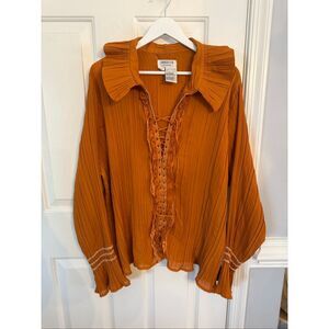 Vintage Dress-U-II Burnt Orange Ruffle Lace Up Wide Collar Pleated Ren Faire Blo